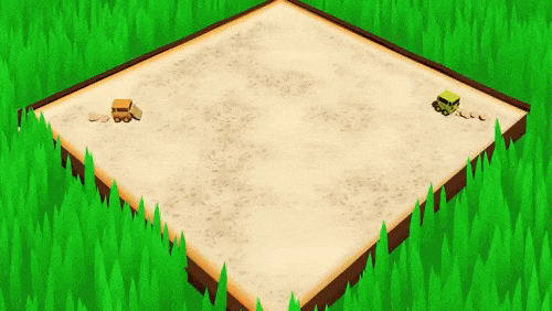 Gameplay of our game. A toy car drives in circles while another goes offscreen an explodes.