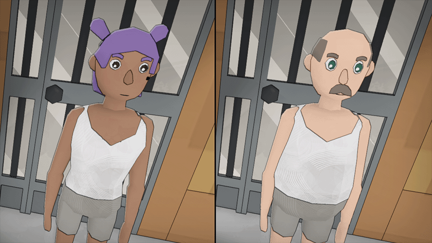 Game capture of two characters made in Imago Season's editor.